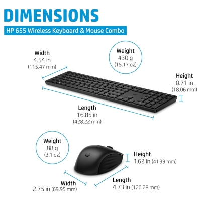 HP 655 Wireless Mouse Keyboard Combo, spill resistant - Black - US ENG / 4R009UT#ABB