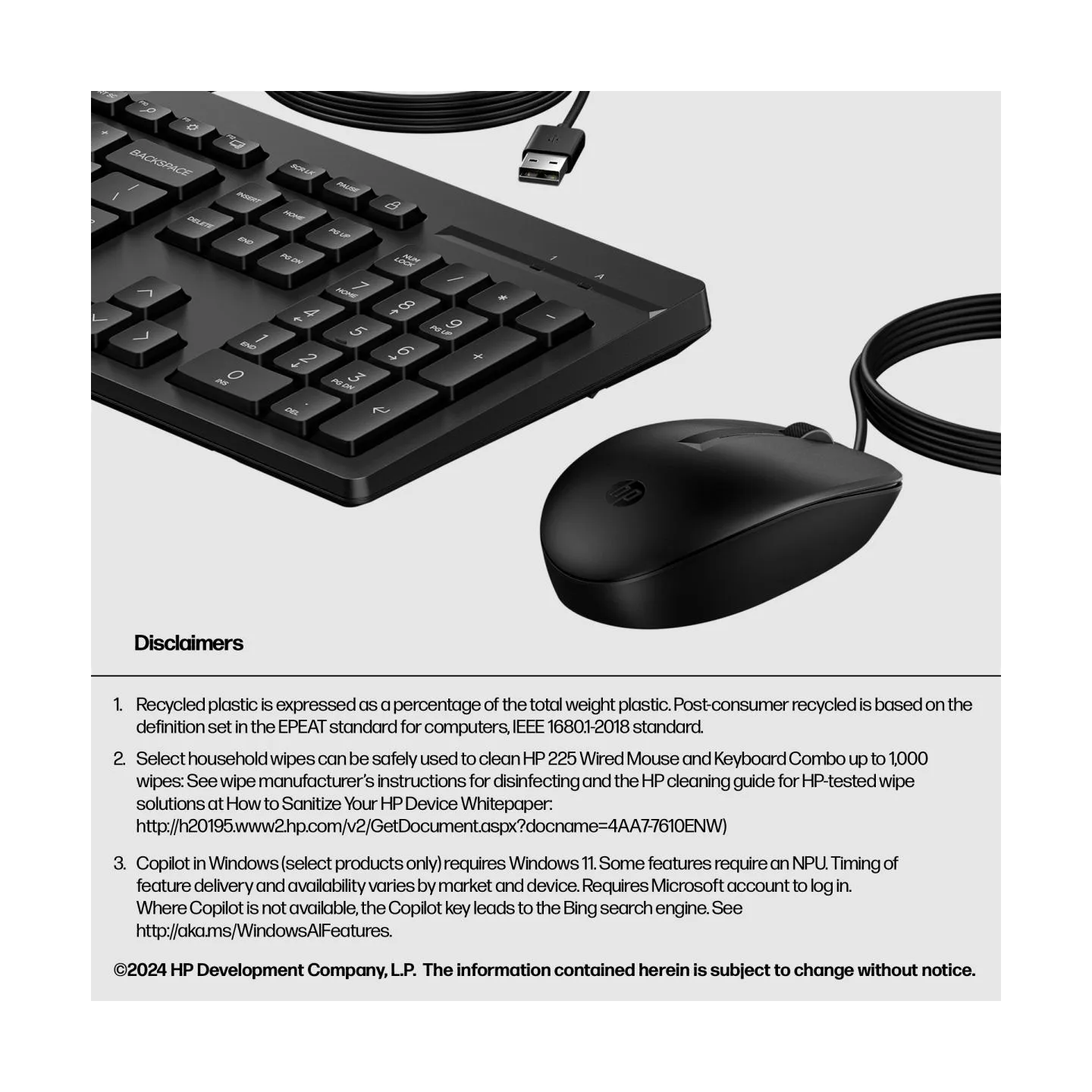 HP 225 G2 USB Wired Mouse Keyboard Combo, Copilot Key, spill resistant - Black - ESTONIAN / AX2Y7AA#ARK