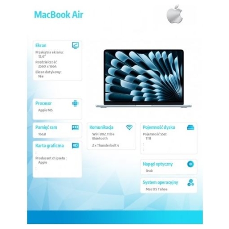 Apple MacBook Air 13.6-inch: M5 10/10, 16GB, 1TB SSD, without power supply - Sky Blue