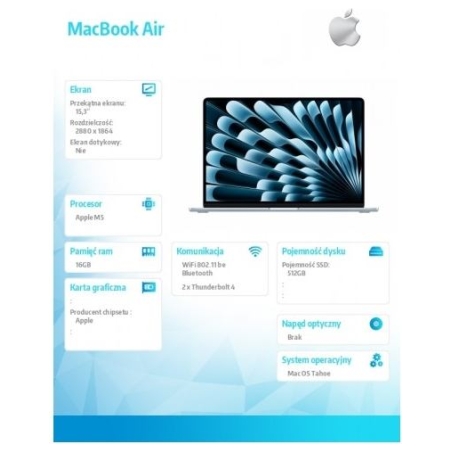 Apple MacBook Air 15.3-inch: M5 10/10, 16GB, 512GB SSD, without power supply - Sky Blue