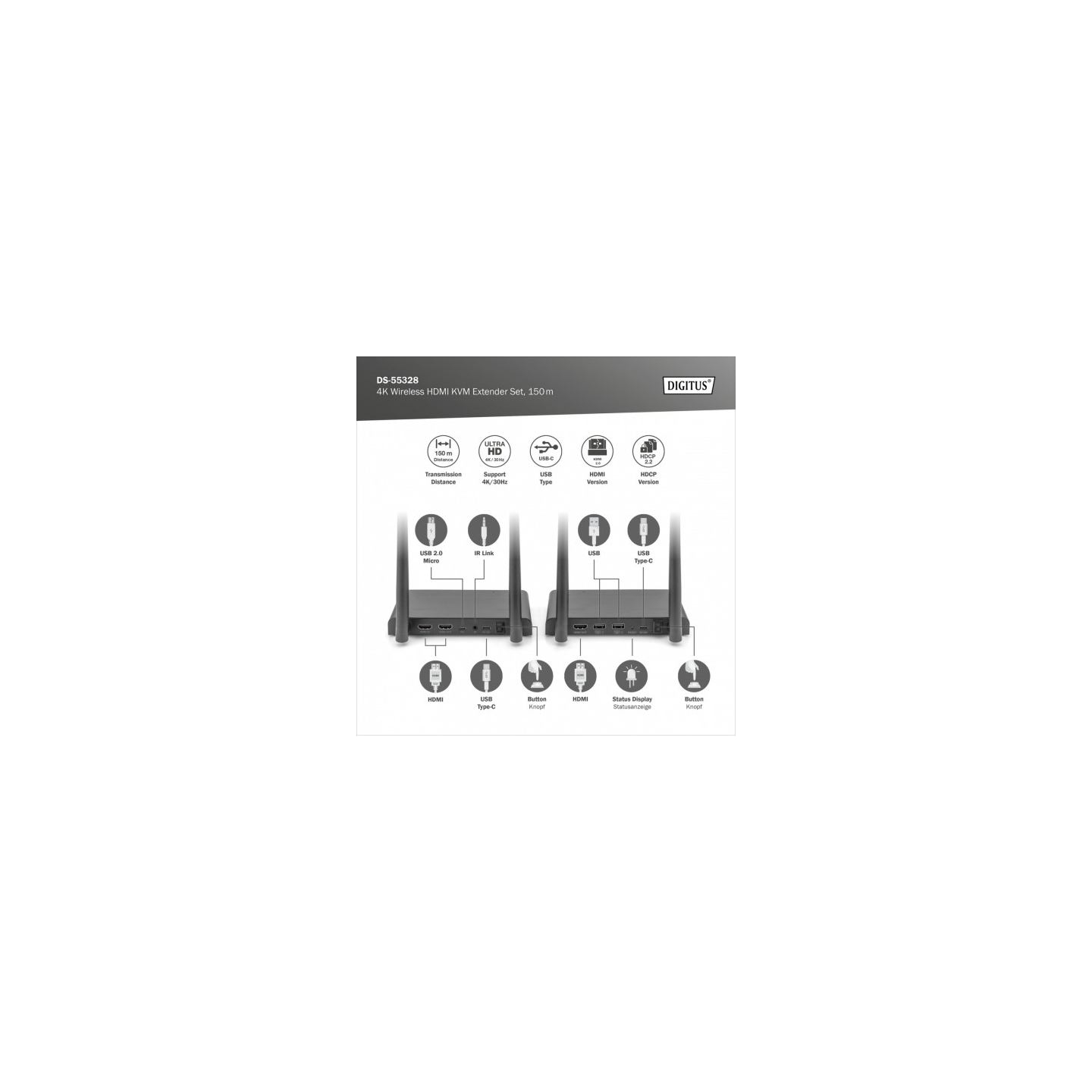 Digitus 4K Wireless HDMI KVM Extender Set, 150 m | DS-55328 | Black