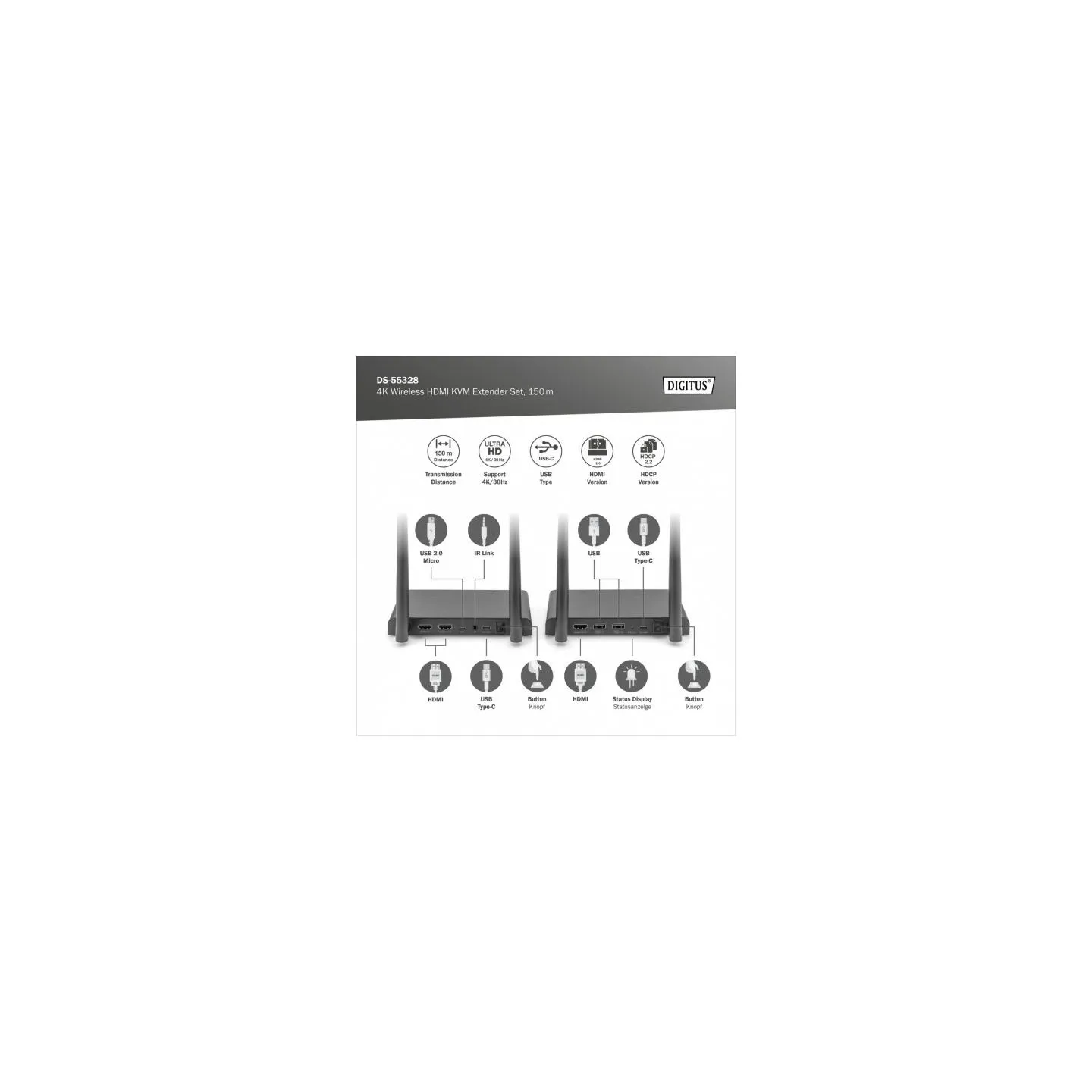 Digitus 4K Wireless HDMI KVM Extender Set, 150 m | DS-55328 | Black