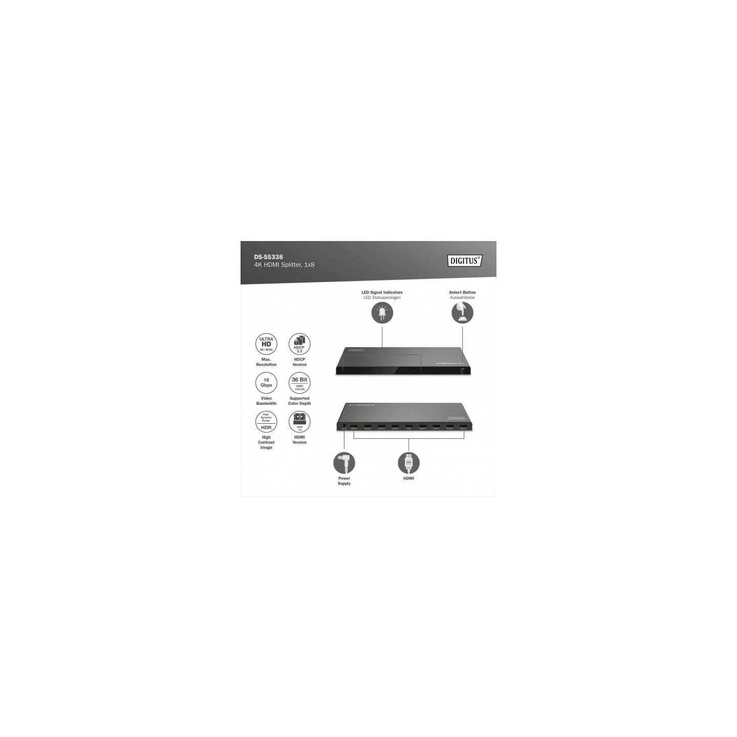 Digitus 4K HDMI Splitter, 1x8 | DS-55338 | Black