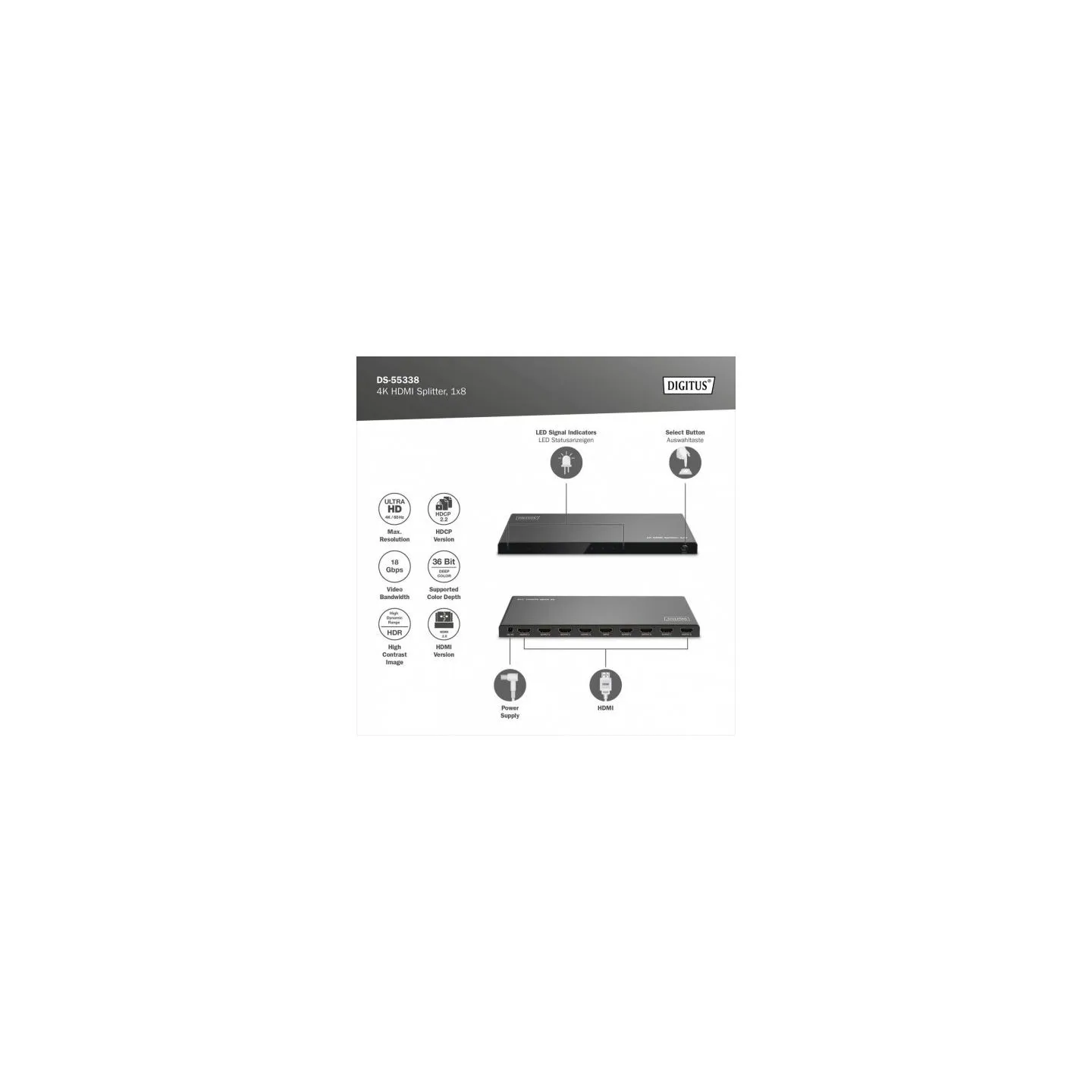 Digitus 4K HDMI Splitter, 1x8 | DS-55338 | Black