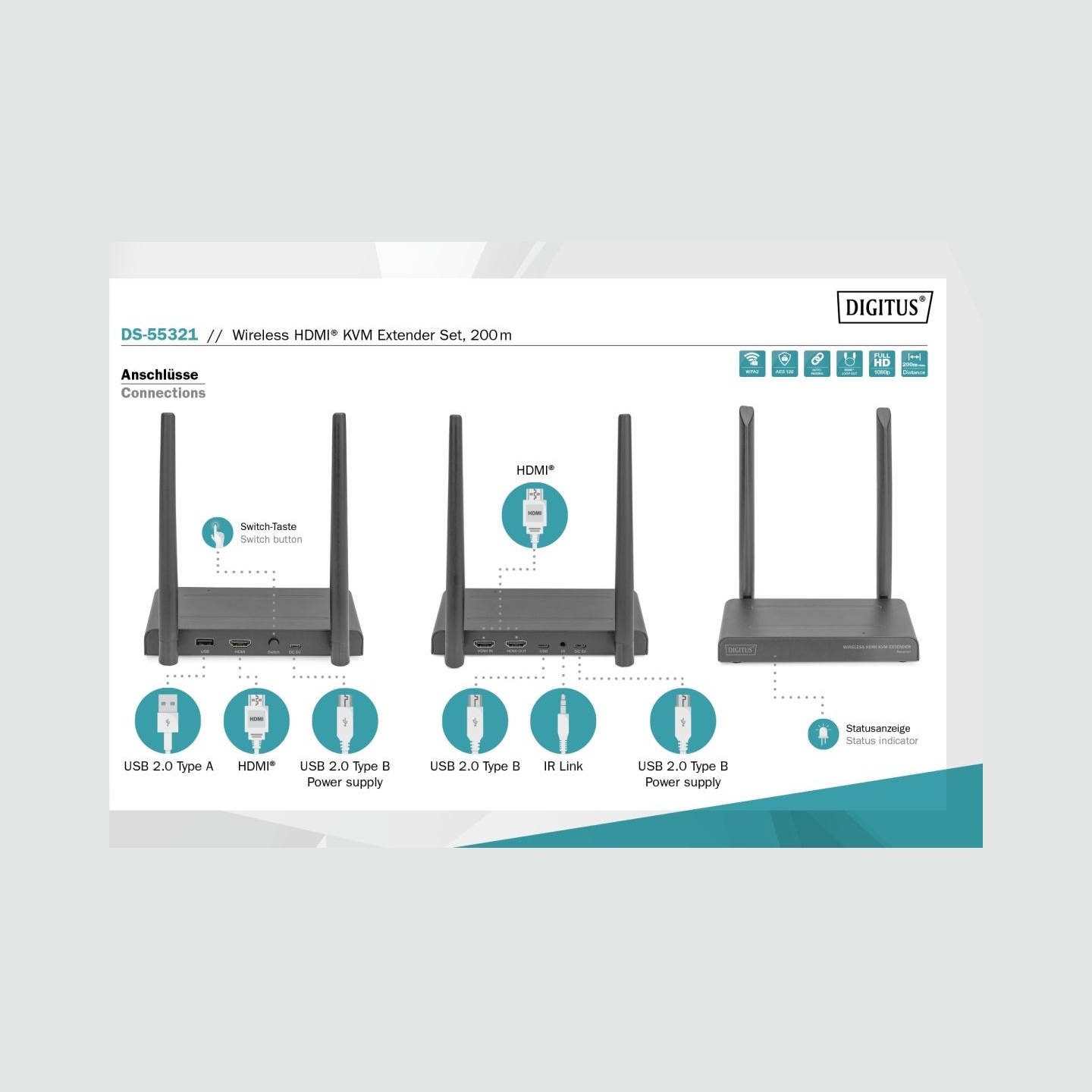 Digitus | Wireless HDMI KVM Extender Set, 200 m | DS-55321