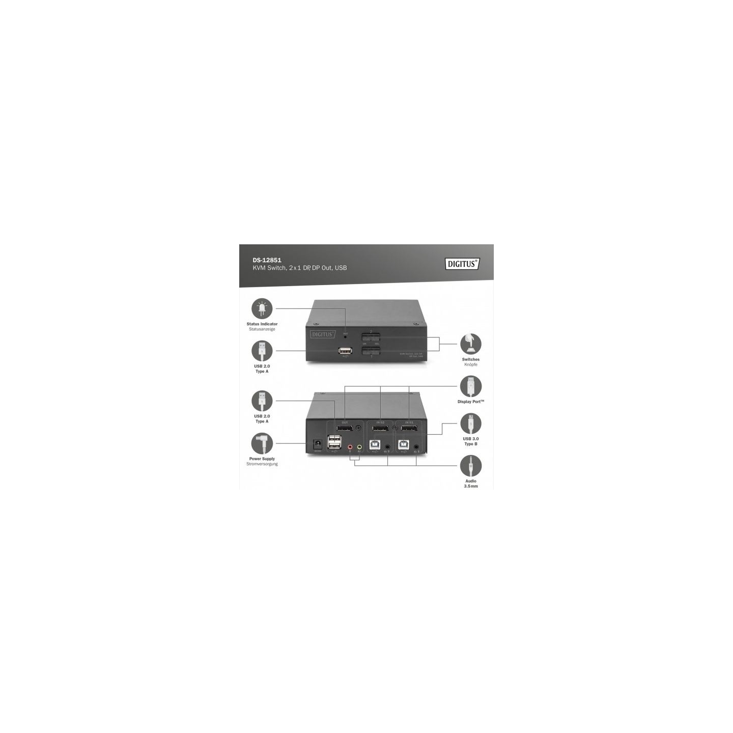 Digitus KVM Switch, 2x1 DS-12851