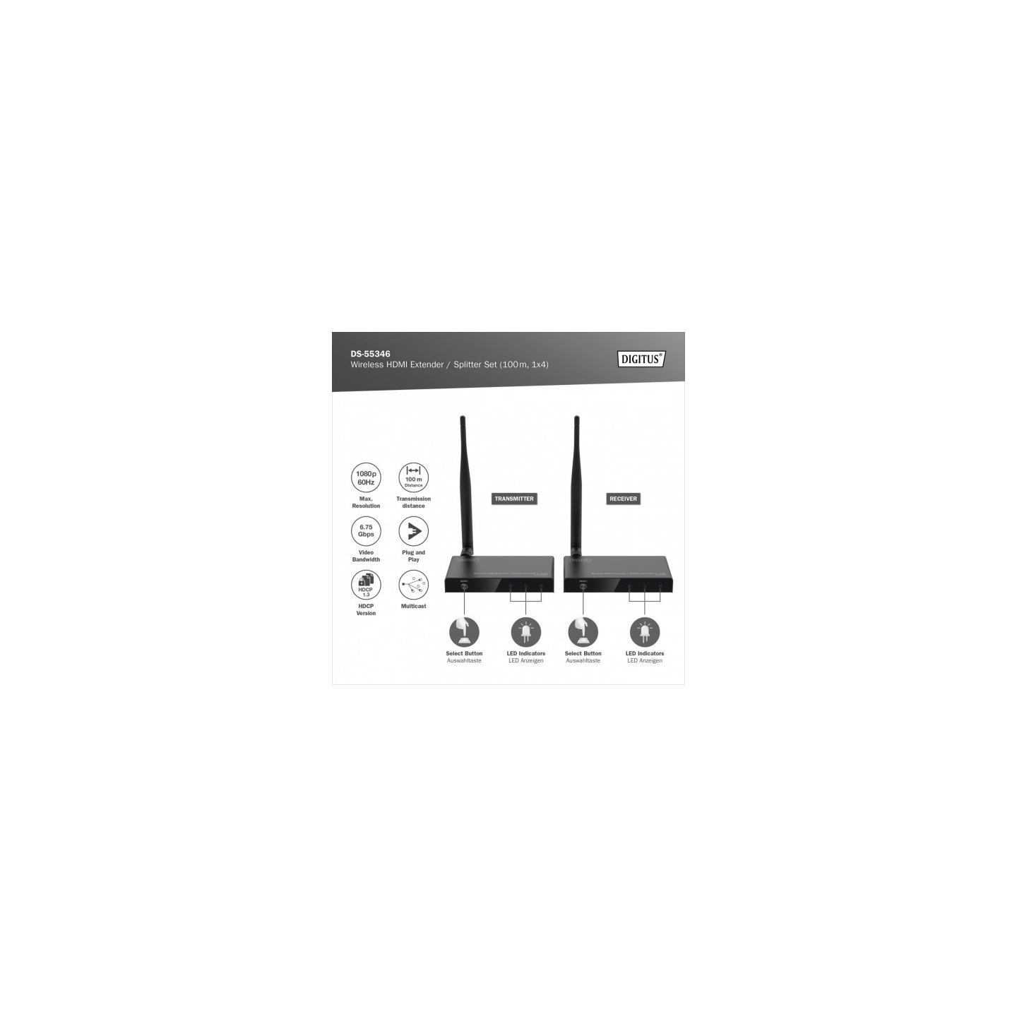 Digitus Wireless HDMI Extender/Splitter Set (100m, 1x4) | DS-55346 | Black