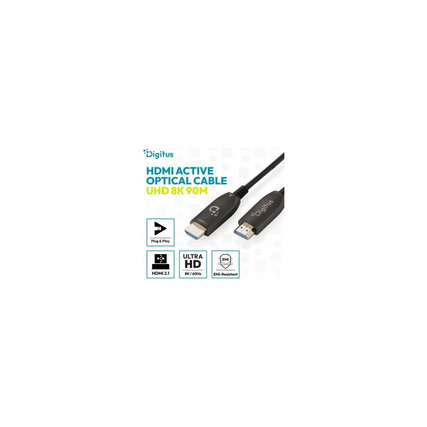 Digitus AOC HDMI Hybrid Connection Cable | HDMI-A Male-Male | HDMI 2.1 | UHD-2 8K@60Hz | 48Gbps | HDR, eARC, HDCP 2.2, CEC | 90m