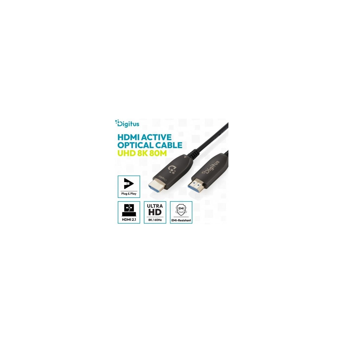 Digitus AOC HDMI Hybrid Connection Cable | HDMI-A Male-Male | HDMI 2.1 | UHD-2 8K@60Hz | 48Gbps | HDR, eARC, HDCP 2.2, CEC | 80m