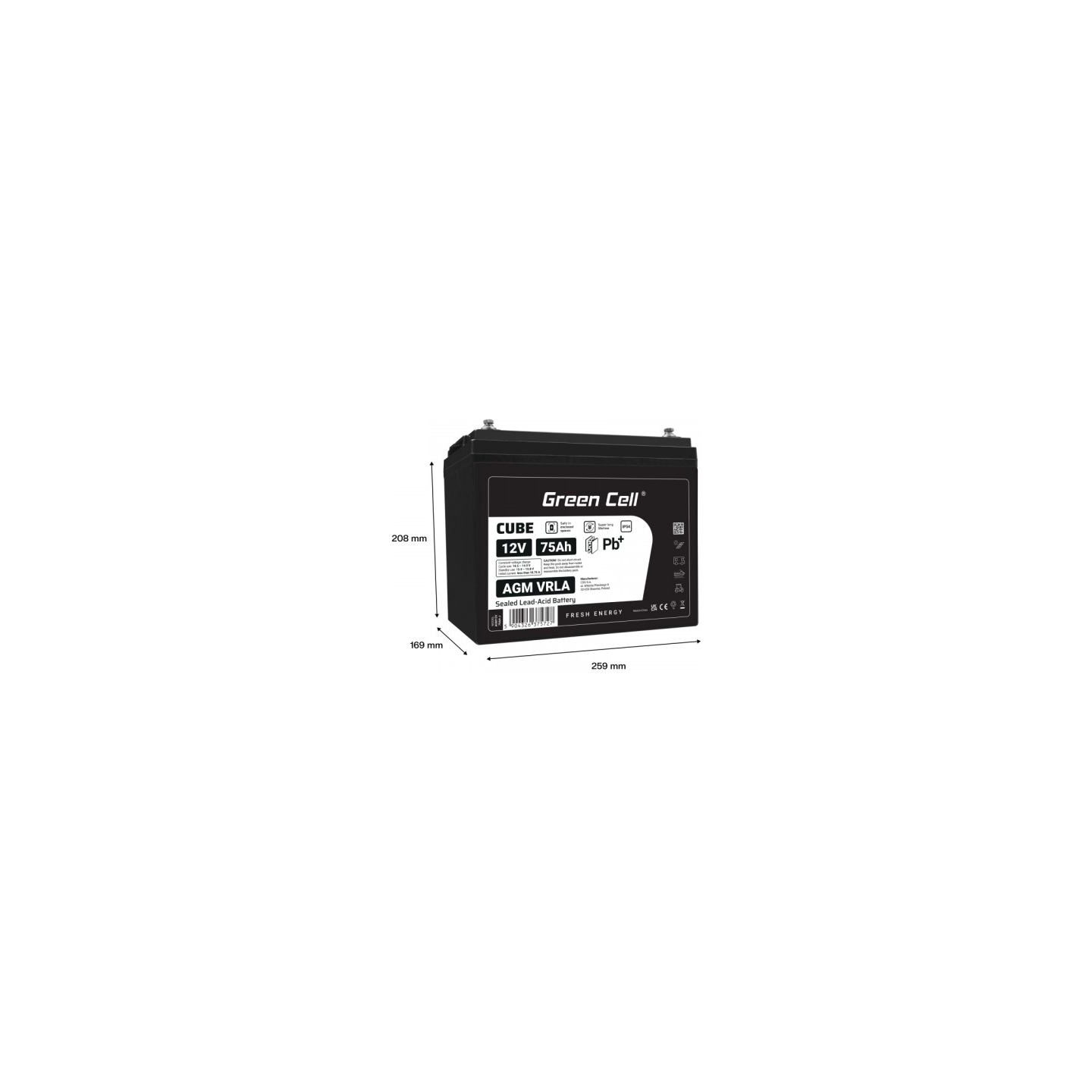 Green Cell Battery AGM VRLA 12V 75Ah IP54