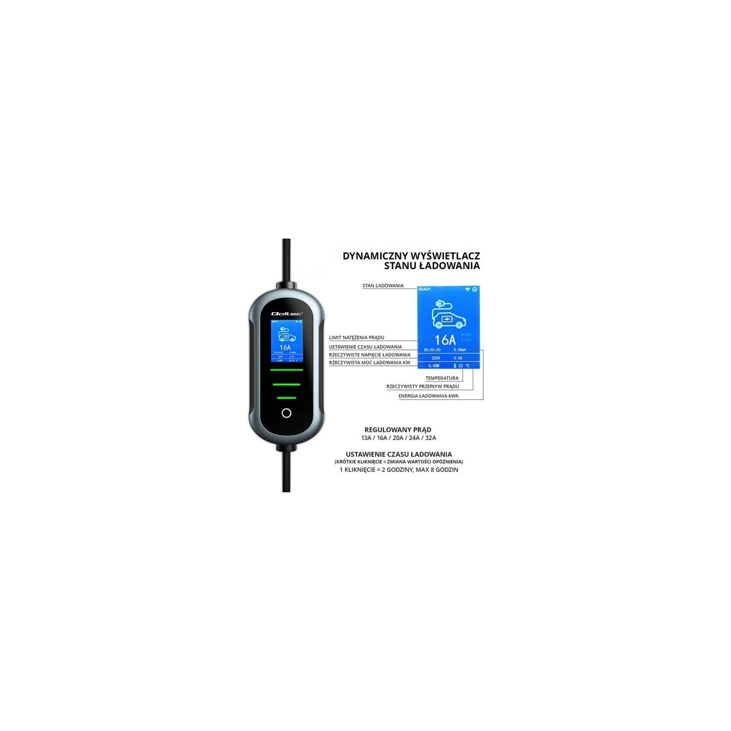 Qoltec EV electric car charger 22kW 400V WiFi TUYA 7m