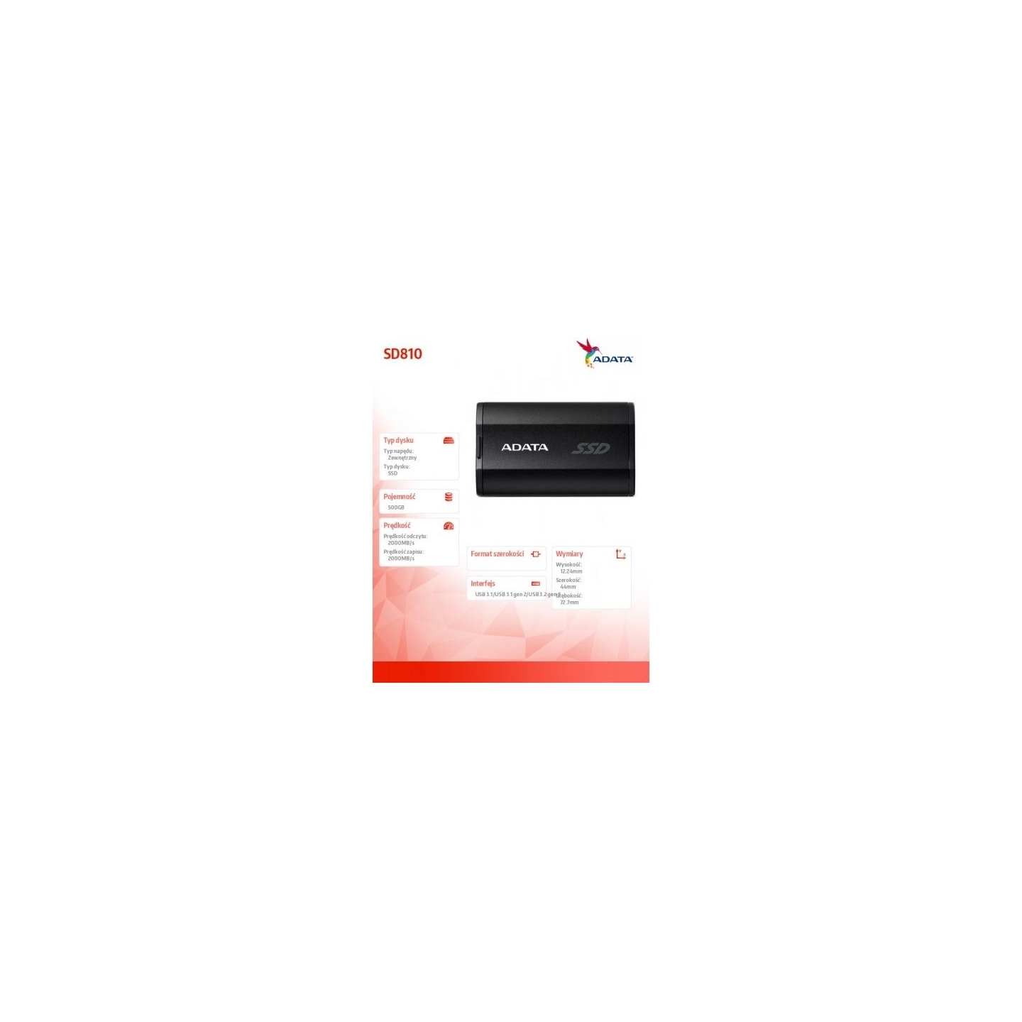 A-Data Drive SSD External SD810 500GB USB3.2 20Gb/s black