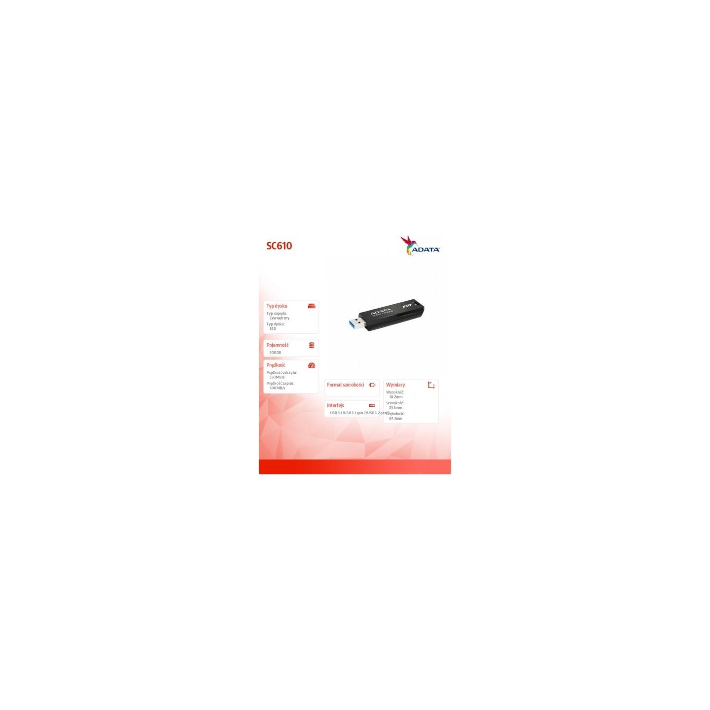 A-Data SSD External SC610 500GB USB3.2A Gen2 Black
