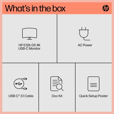 HP E32k G5 4K Charging Monitor - 31.5" 3840x2160 UHD 350-nit 60Hz AG, IPS, USB-C(65W/15W)/HDMI/DisplayPort, 3x USB-A, speakers, 