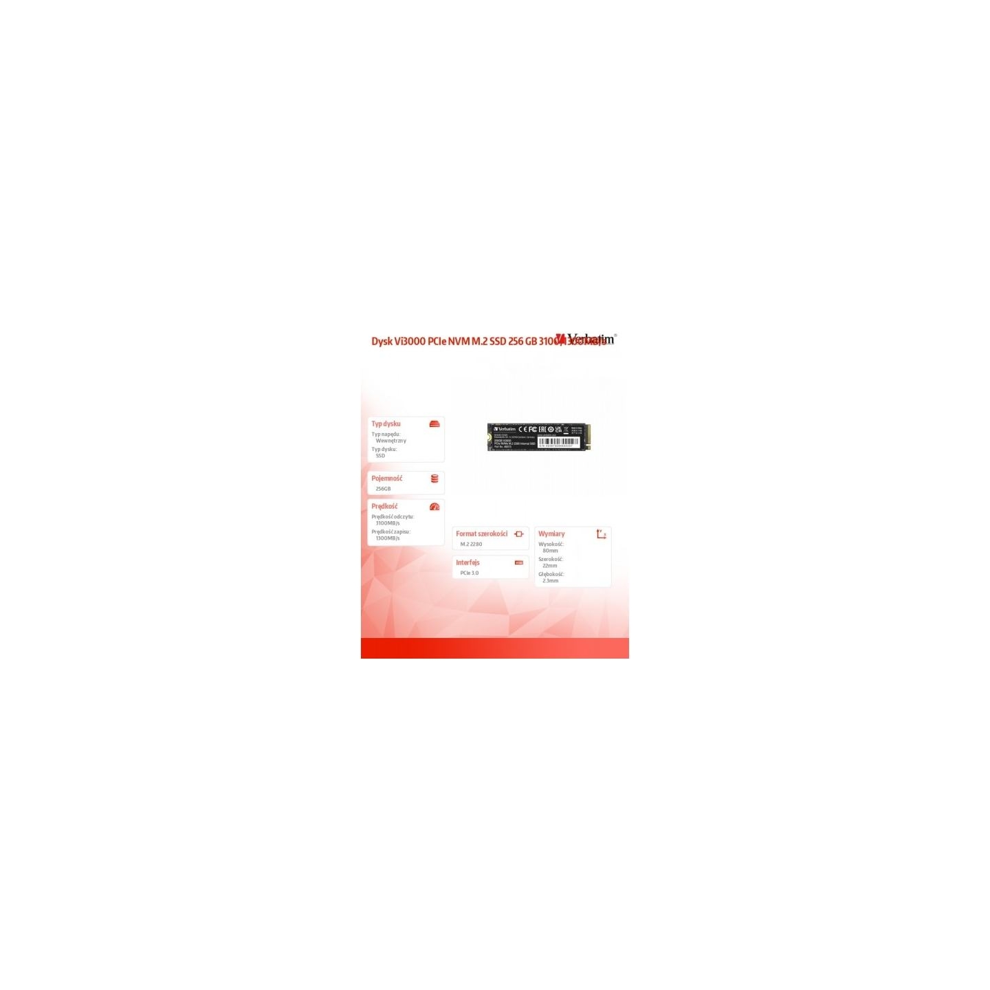 Verbatim Vi3000 PCIe NVM M.2 SSD 256 GB 3100/1300MB/s