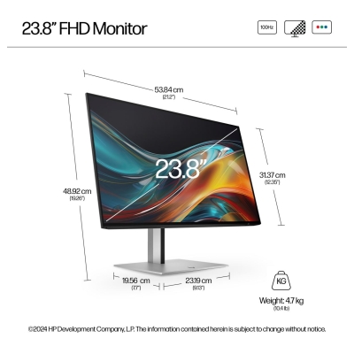 HP 724pf Series 7 Pro FHD Monitor - 23.8" 1920x1080 FHD 300-nit 100Hz AG, IPS, HDMI/DisplayPort Daisy-Chain, 4x USB-A, height ad