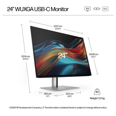 HP 724pu Series 7 Pro WUXGA Charging Monitor - 24" 1920x1200 WUXGA 350-nit 100Hz AG, IPS, USB-C(100W)/HDMI/DisplayPort Daisy-Cha