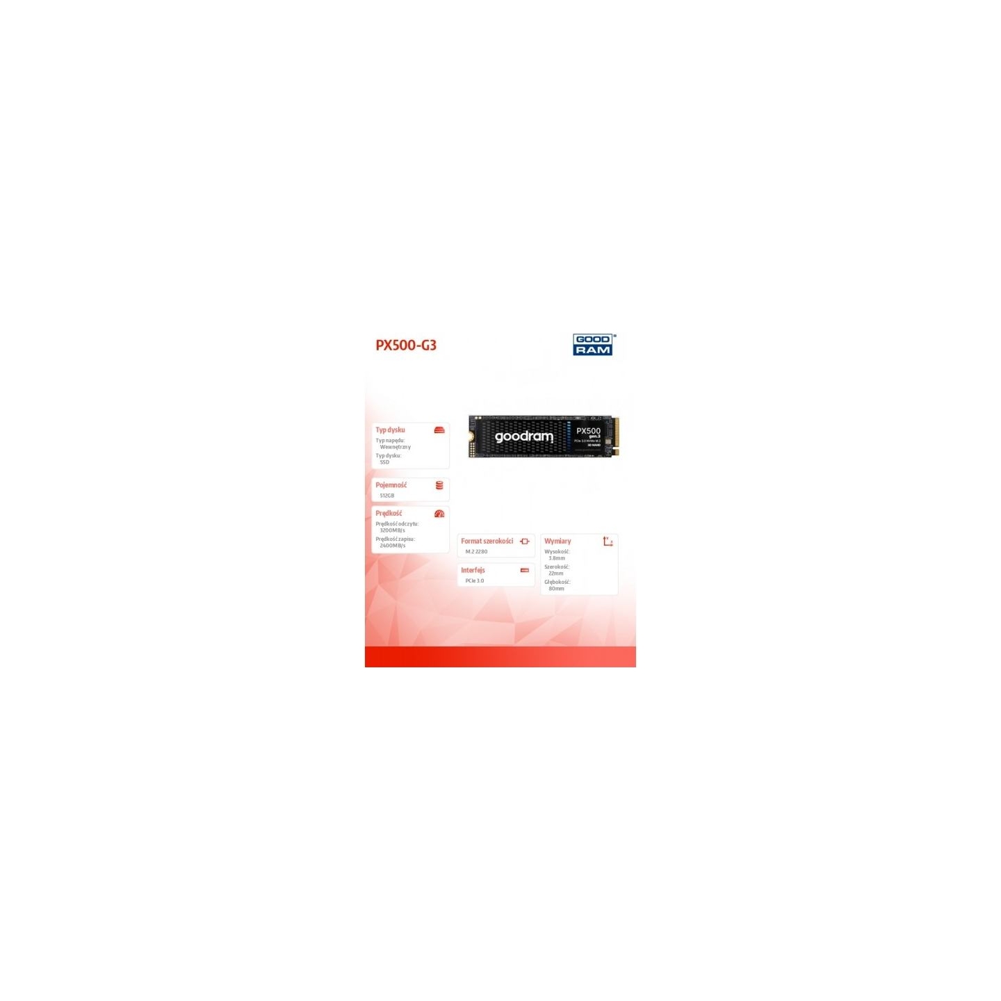 Goodram SSD drive PX500-G3 512GB M.2 PCIe 3x4 NVMe 2280 3200/2400