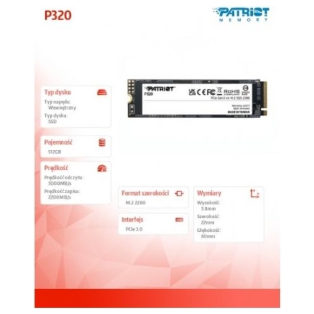 Patriot SSD 512GB P320 PCIe M.2 Gen3 x4 NVMe 3000/2200MB/s