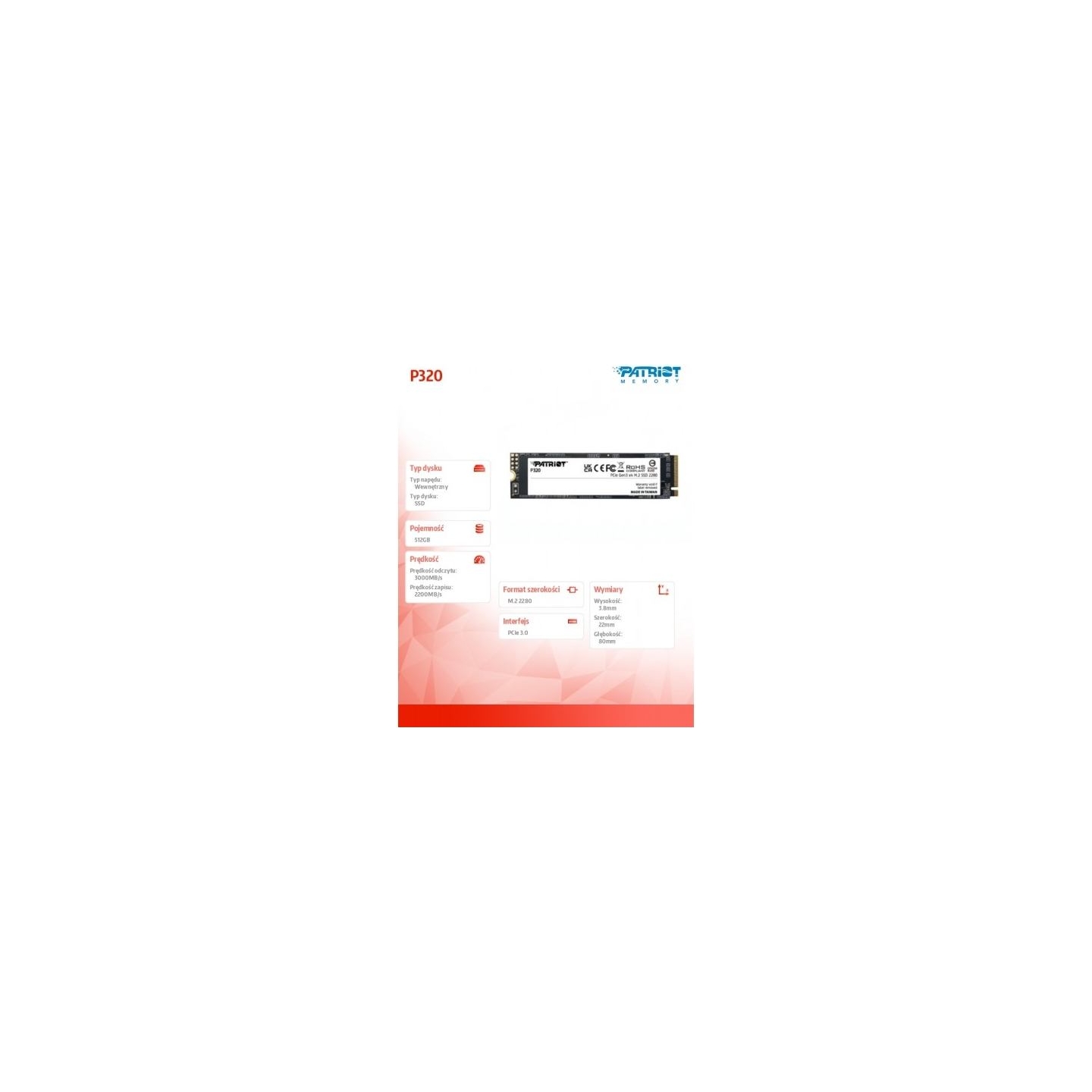 Patriot SSD 512GB P320 PCIe M.2 Gen3 x4 NVMe 3000/2200MB/s