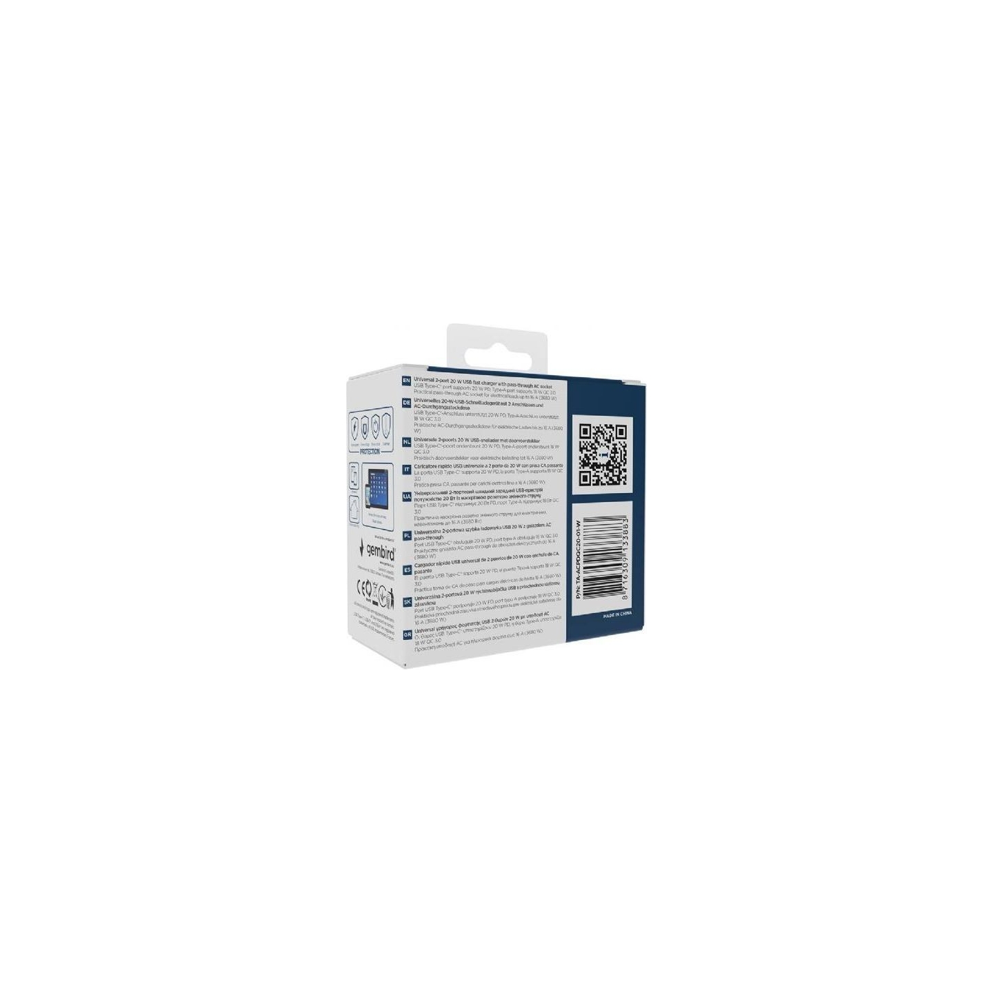 Gembird CHARGER USB UNIVERSAL 20W WHT/2P AC TA-ACPDQC20-01-W GEMBIRD