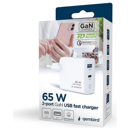 Gembird CHARGER USB 65W 2PORT/TA-UC-PDQC65L-W-01 GEMBIRD