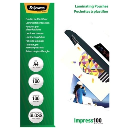 Fellowes | Laminating Pouch | A4 | Clear | Thickness: 100 micron, Qty Per Pack: 100 pcs; Ideal for notices, craft materials, sig
