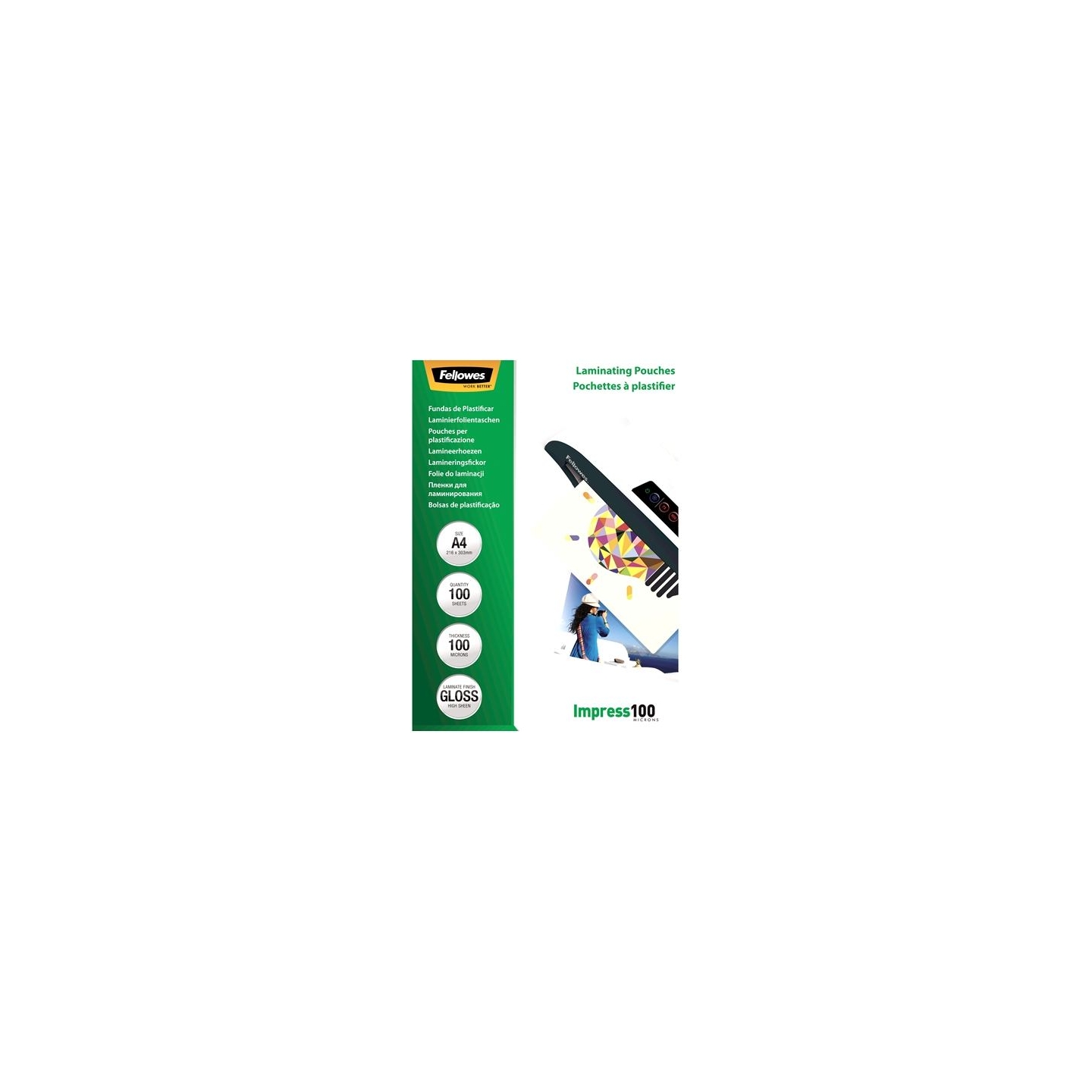 Fellowes | Laminating Pouch | A4 | Clear | Thickness: 100 micron, Qty Per Pack: 100 pcs; Ideal for notices, craft materials, sig
