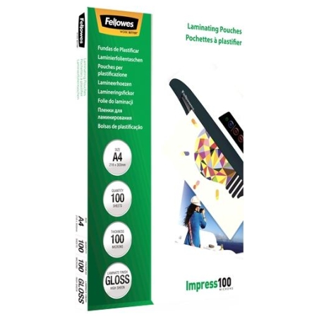 Fellowes | Laminating Pouch | A4 | Clear | Thickness: 100 micron, Qty Per Pack: 100 pcs; Ideal for notices, craft materials, sig