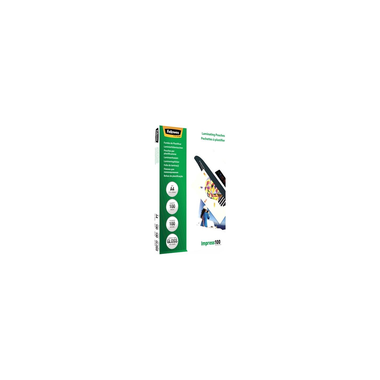 Fellowes | Laminating Pouch | A4 | Clear | Thickness: 100 micron, Qty Per Pack: 100 pcs; Ideal for notices, craft materials, sig