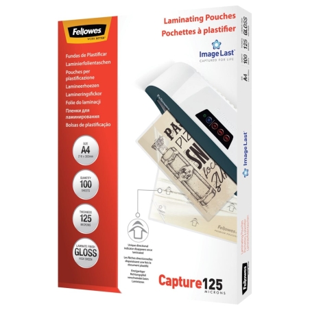 Fellowes | Laminating Pouch PREMIUM | A4 | Glossy | Thickness: 125 micron, Qty Per Pack: 100 pcs; Ideal for notices, craft mater