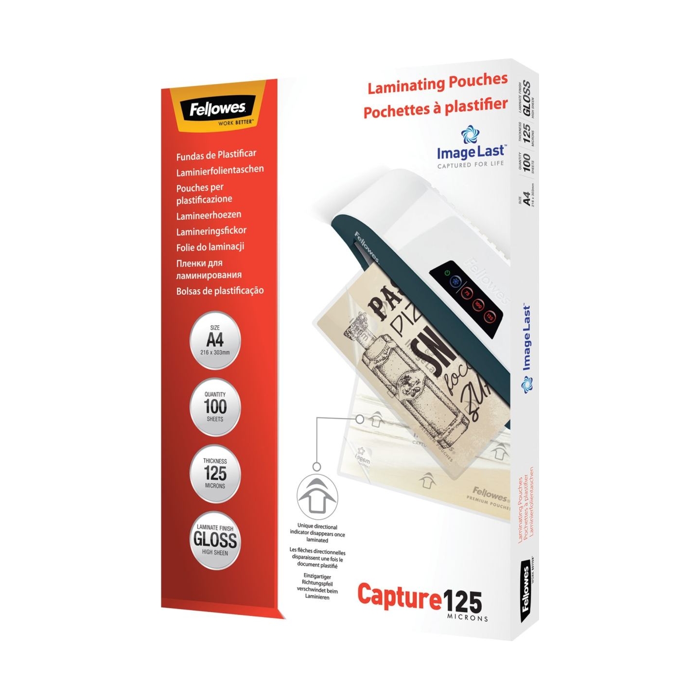 Fellowes | Laminating Pouch PREMIUM | A4 | Glossy | Thickness: 125 micron, Qty Per Pack: 100 pcs; Ideal for notices, craft mater