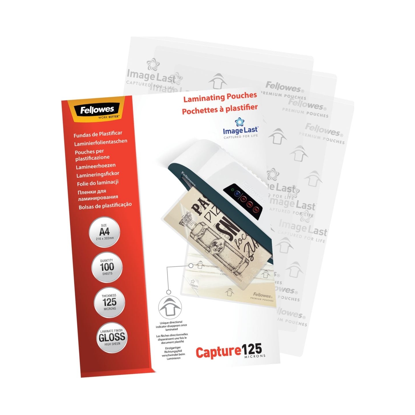 Fellowes | Laminating Pouch PREMIUM | A4 | Glossy | Thickness: 125 micron, Qty Per Pack: 100 pcs; Ideal for notices, craft mater