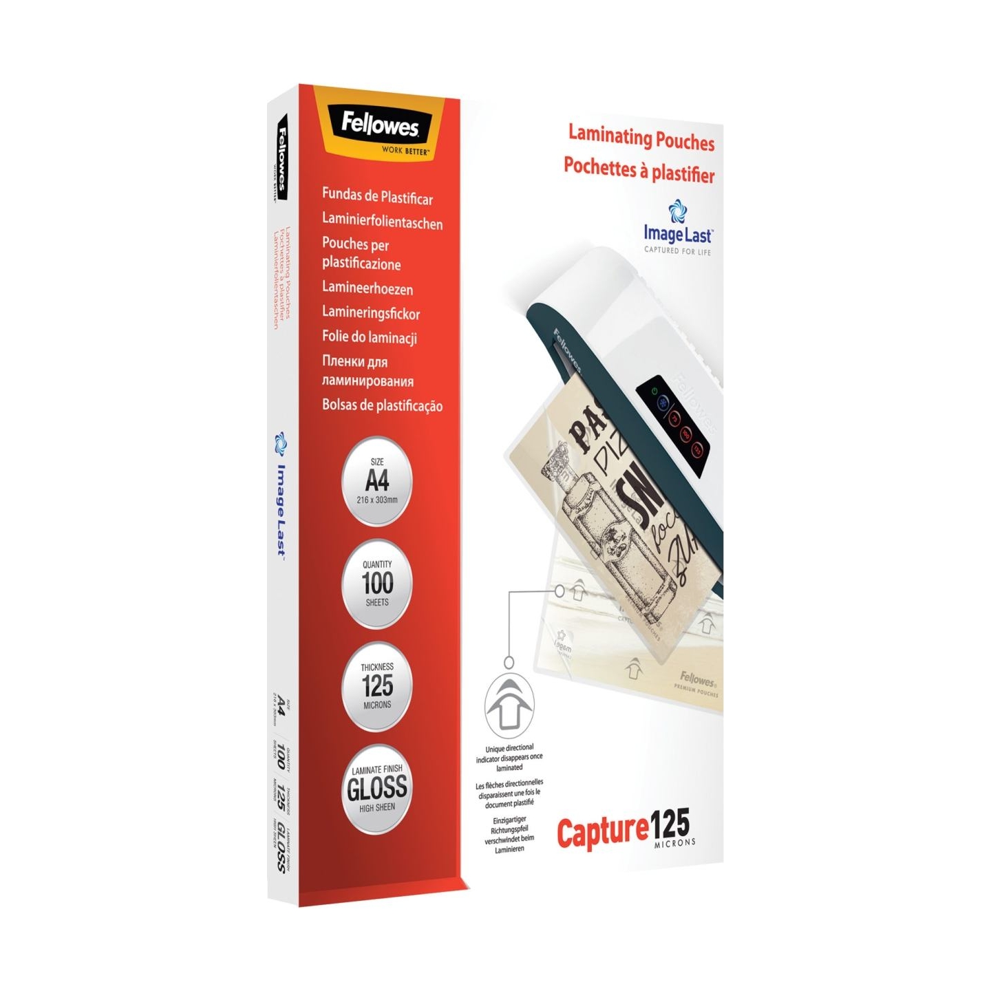 Fellowes | Laminating Pouch PREMIUM | A4 | Glossy | Thickness: 125 micron, Qty Per Pack: 100 pcs; Ideal for notices, craft mater