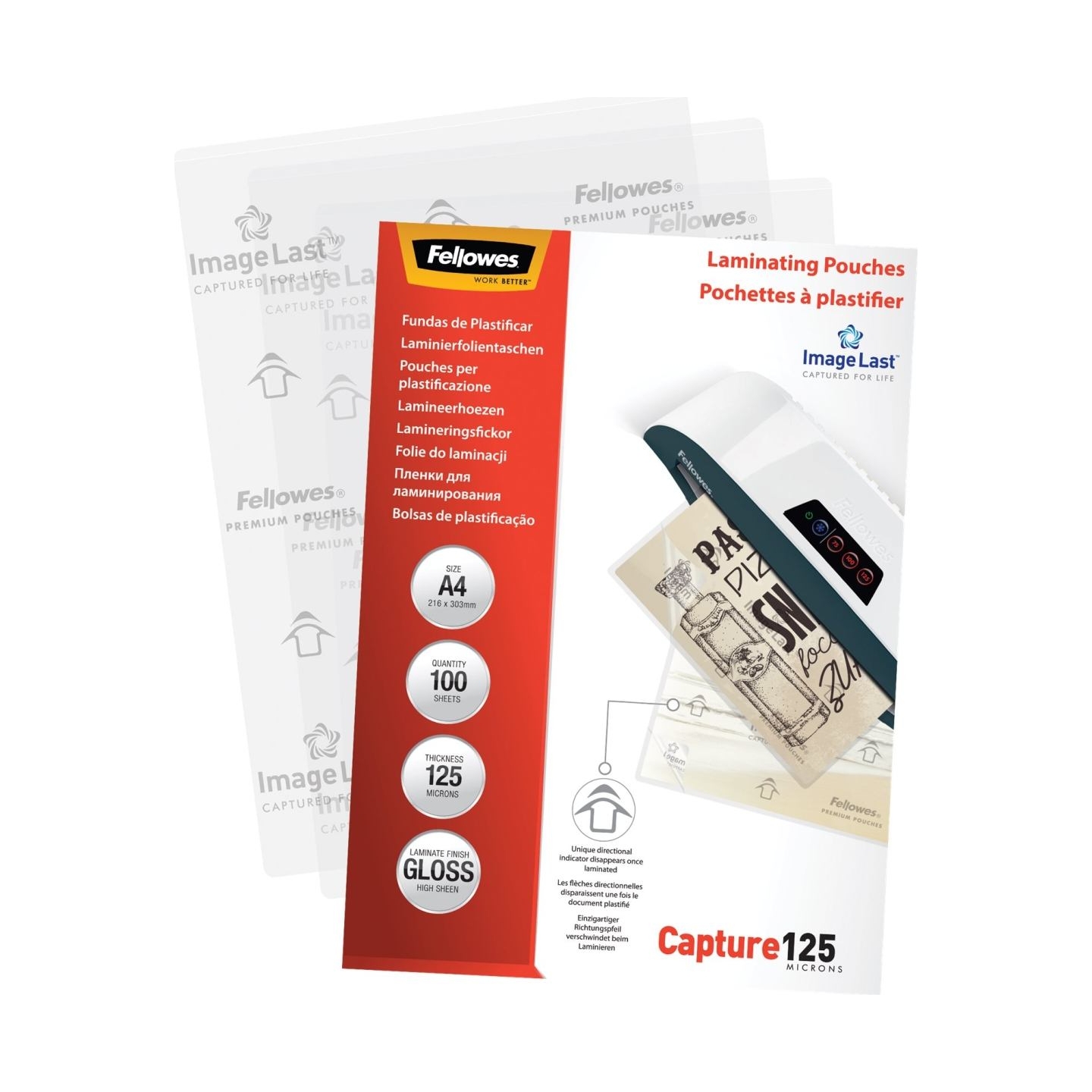 Fellowes | Laminating Pouch PREMIUM | A4 | Glossy | Thickness: 125 micron, Qty Per Pack: 100 pcs; Ideal for notices, craft mater