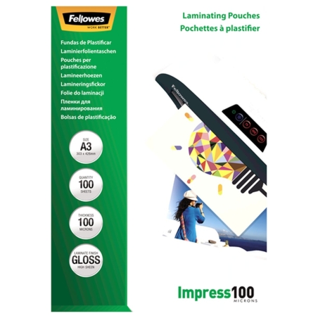 Fellowes | Laminating Pouch | A3 | Glossy | Thickness: 100 micron, Qty Per Pack: 100 pcs; Ideal for notices, craft materials, si