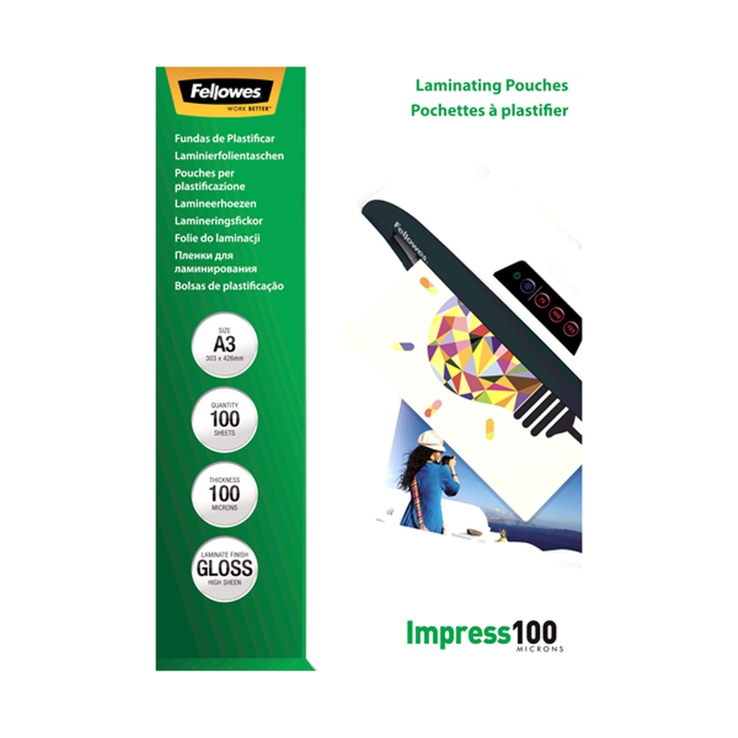 Fellowes | Laminating Pouch | A3 | Glossy | Thickness: 100 micron, Qty Per Pack: 100 pcs; Ideal for notices, craft materials, si