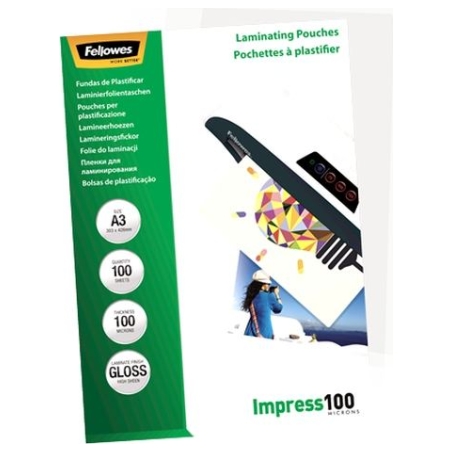 Fellowes | Laminating Pouch | A3 | Glossy | Thickness: 100 micron, Qty Per Pack: 100 pcs; Ideal for notices, craft materials, si