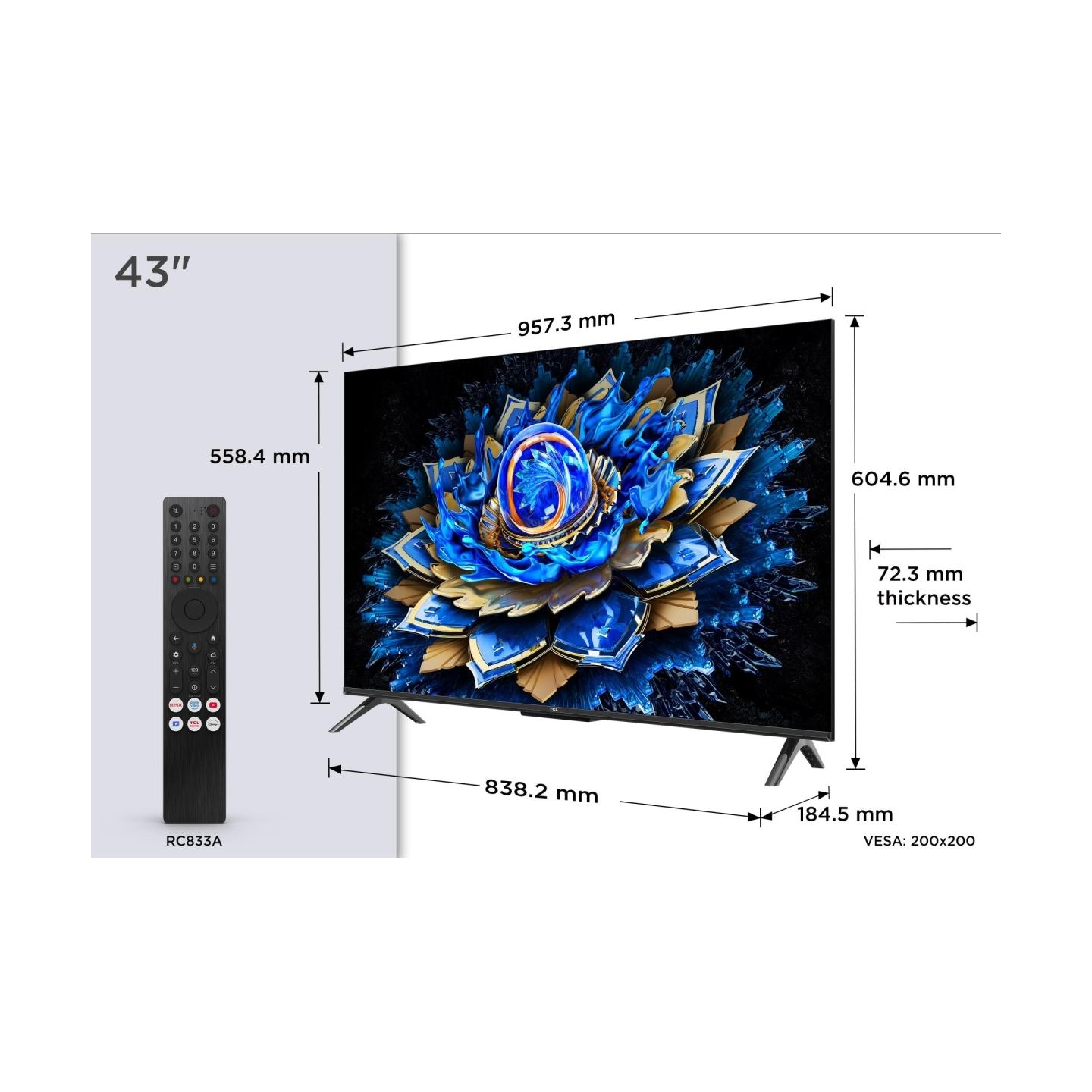 TCL TV Set|TCL|43 "|4K Ultra HD|3840 x 2160 pixels|Flat|16:9|QLED|43T69C