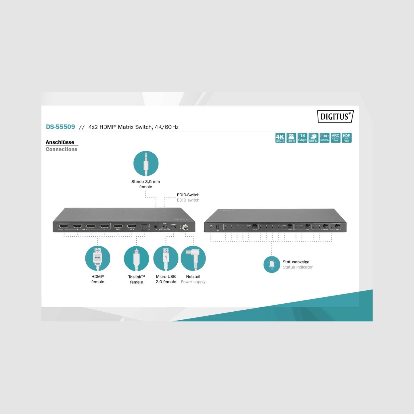 Digitus | 4x2 HDMI Matrix Switch, 4K/60Hz | DS-55509