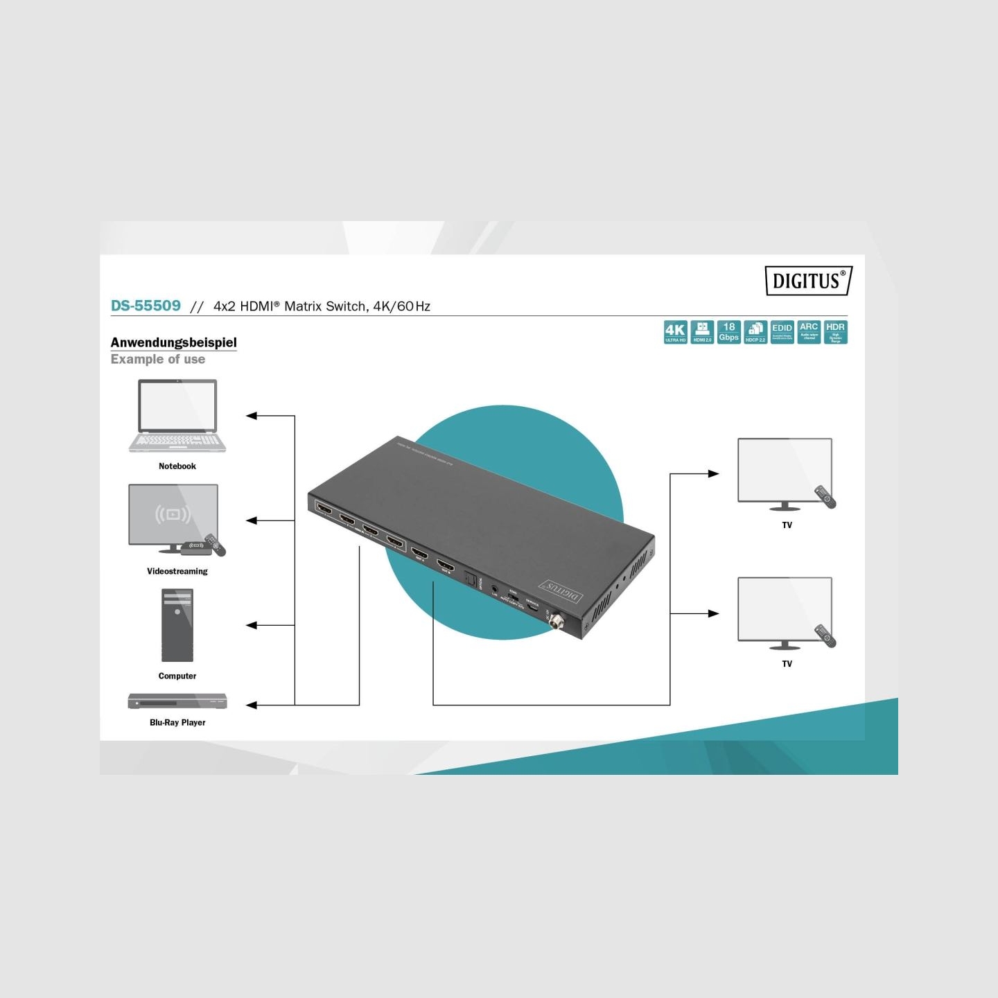 Digitus | 4x2 HDMI Matrix Switch, 4K/60Hz | DS-55509