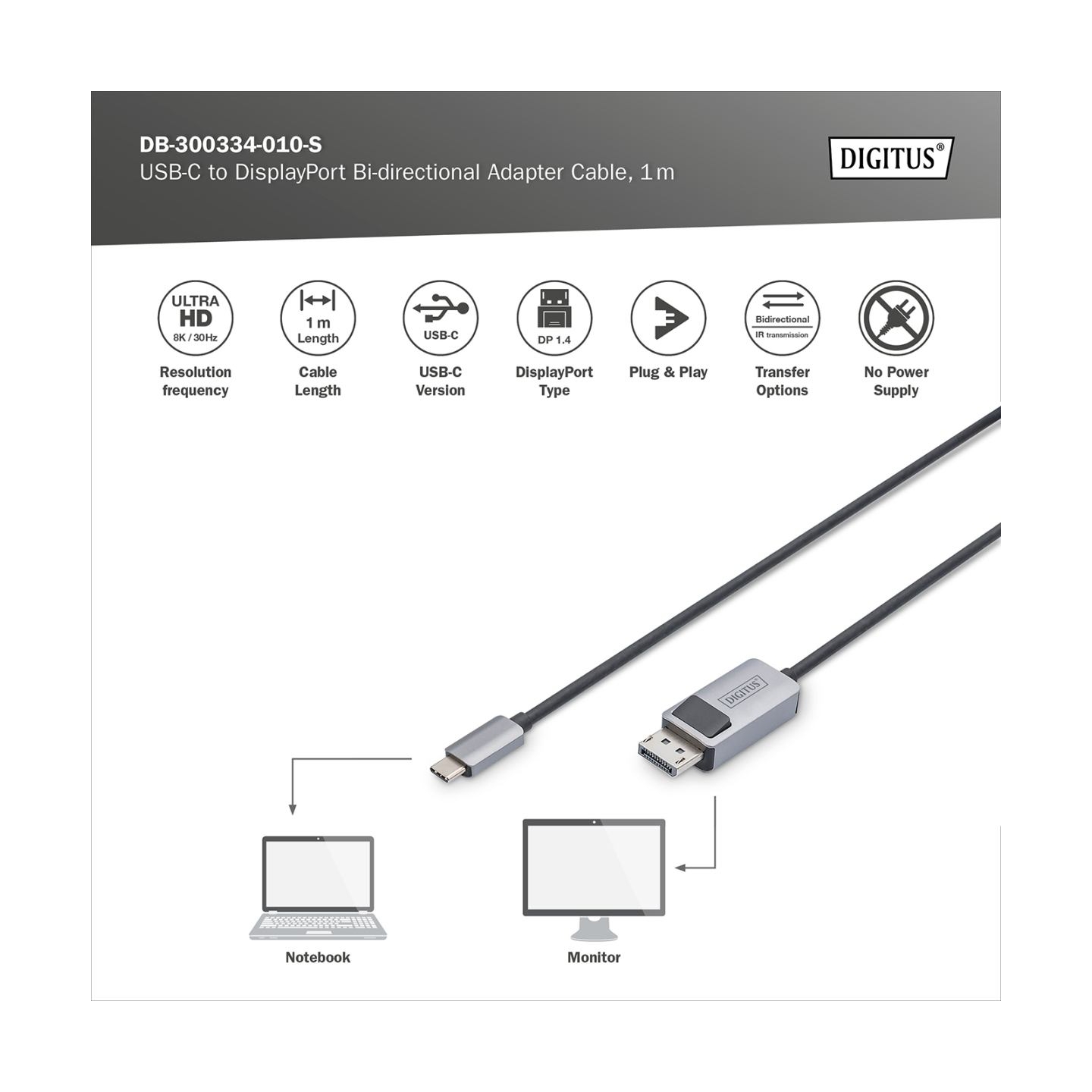 Digitus | Bi-directional Adapter Cable | DB-300334-010-S | USB-C to DisplayPort