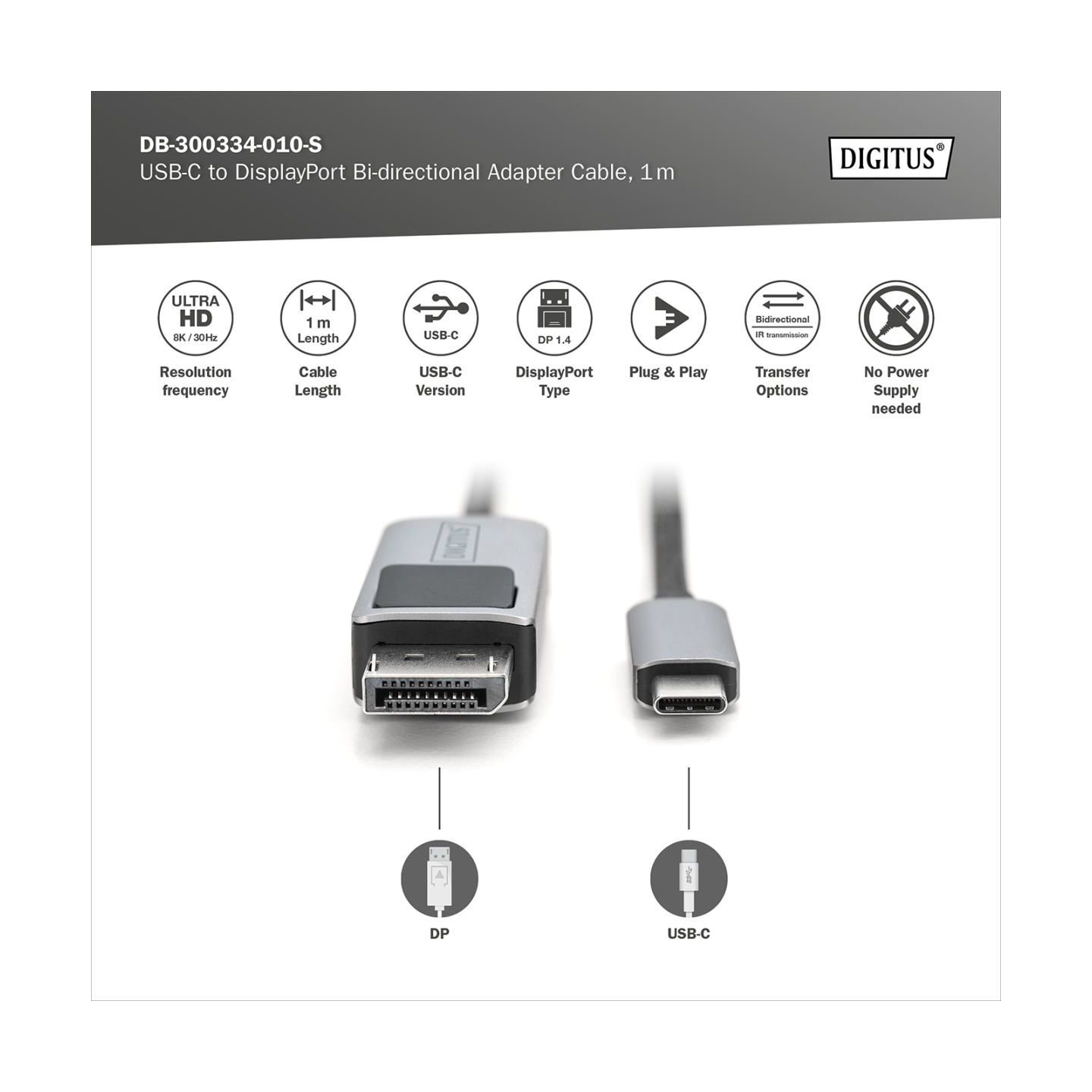 Digitus | Bi-directional Adapter Cable | DB-300334-010-S | USB-C to DisplayPort
