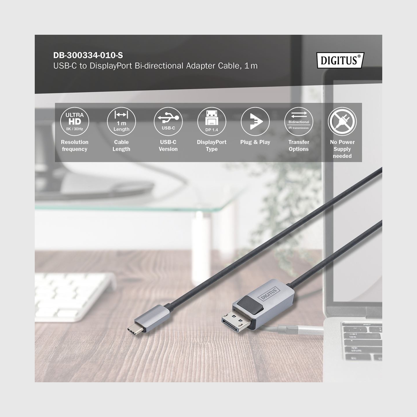 Digitus | Bi-directional Adapter Cable | DB-300334-010-S | USB-C to DisplayPort