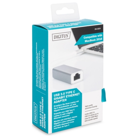 Digitus | USB Type C 3.0 Gigabit Ethernet Adapter 10/100/1000 Mbps | DN-3024 | USB Type-C to RJ45