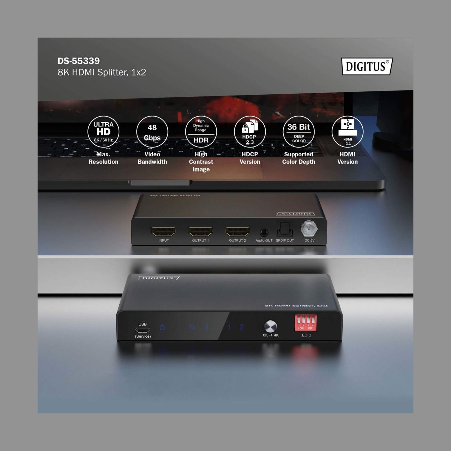 Digitus 8K HDMI Splitter, 1x2 | DS-55339 | Black