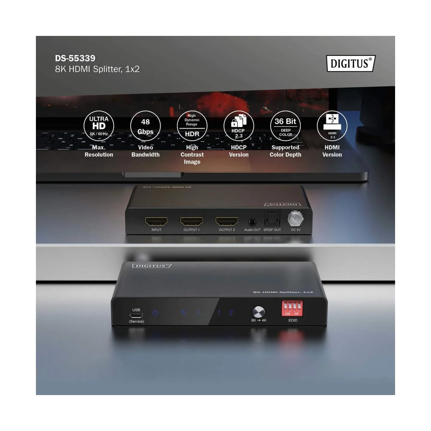 Digitus 8K HDMI Splitter, 1x2 | DS-55339 | Black