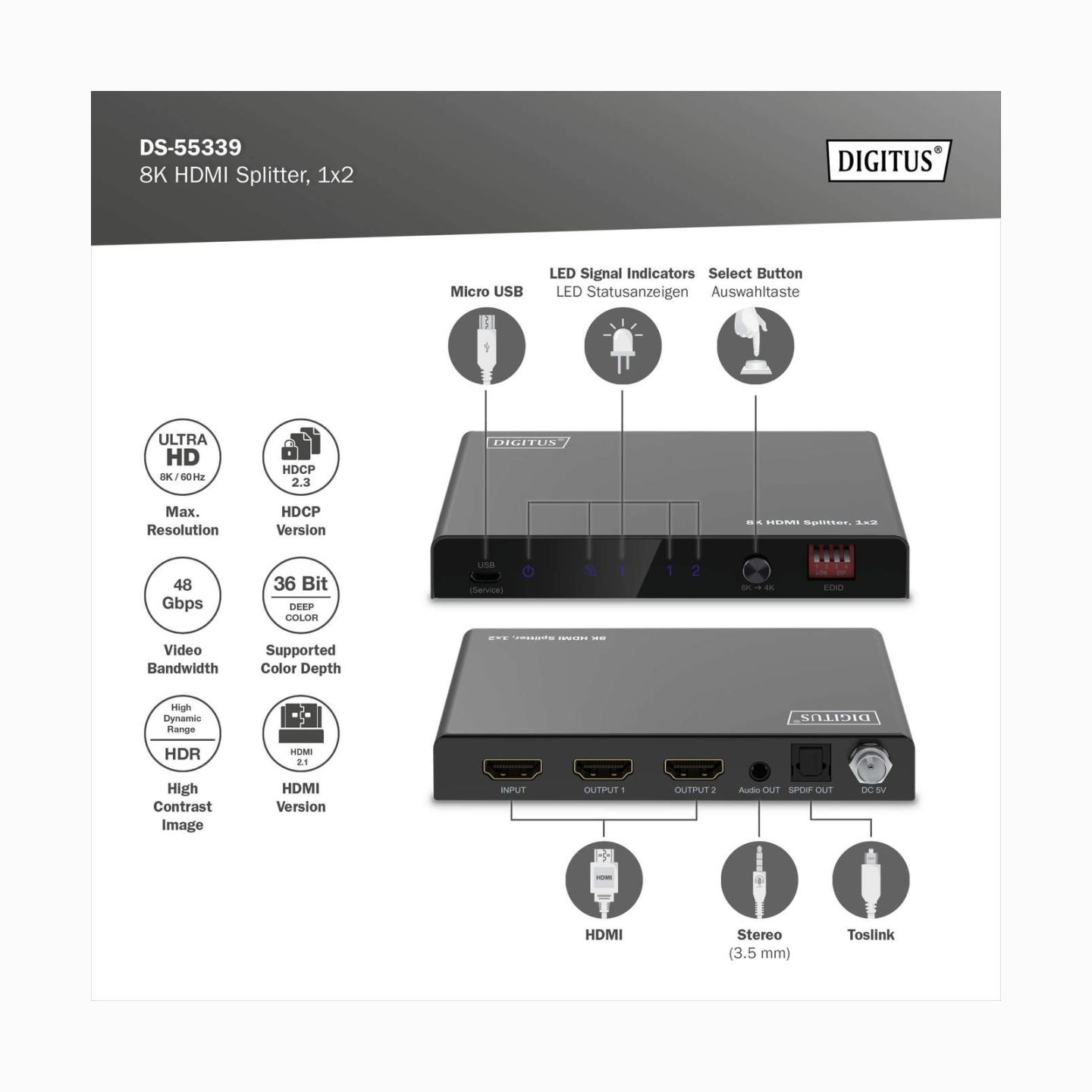 Digitus 8K HDMI Splitter, 1x2 | DS-55339 | Black