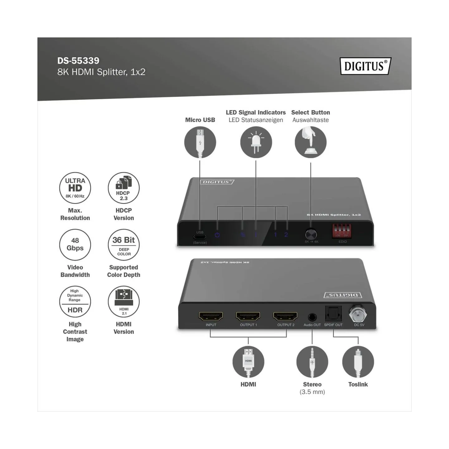 Digitus 8K HDMI Splitter, 1x2 | DS-55339 | Black