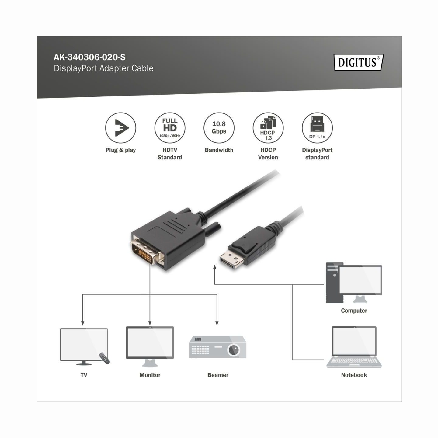Digitus | DisplayPort Adapter Cable | AK-340306-020-S